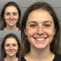 a freckled woman with receding gums smiling in her mugshot, low quality, three different angles,