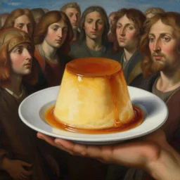 God's disembodied hand is carrying flan behind all of us. Metaphorically. Or literally, whatever. :: painting by Michaelangelo :: detailed :: 4k
