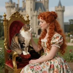 A photorealistic portrait of a redheaded woman wearing a flower dress, admiring a cat in a castle, the cat is on a throne, in the style of Edmund Leighton