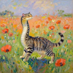 snake shaped tabby cat playing at poppy field, monet painting s - 1 0 0