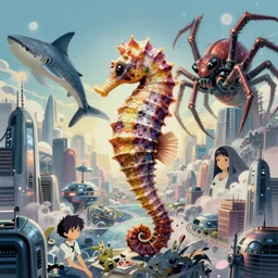a seahorse, goblinshark, dragon, and spider hybrid giant kaiju destroys futuristic city, surreal art, semi realistic anime, h. r. giger, studio ghibli, makoto shinkai, cinematic, award winning illustration, masterpiece, trending on pixiv, 8 k