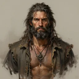 painted portrait of rugged homeless hobo man by ruan jia greg rutkowski, uncempt beard and hair, clear face muscular masculine manly mature powerful sensual handsome hobo homeless fantasy intricate elegant detailed digital painting concept art artstation sharp focus illustration