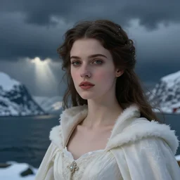 mage, norway fjord, extreme close up portrait, hudson river school, max rive, stormy seas, white royal dress, beautiful, bokeh, gentle, female, snowy, storm clouds, god rays, extreme close up portrait, d & d, fantasy, elegant, low key color palette, concept art, roger deakins and greg rutkowski and alphonse mucha