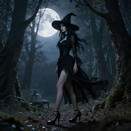 witch standing in an enchanted forest wearing high heels under a full moon, fantasy gothic art style