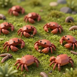large group of crabs and worms, crawling along a bed of moss, low poly, creeper world, handcrafted, artstation, hyperrealistic, hard light, best practices, creeptastic, photorealism, macro perspective, cuddly.
