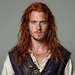 portrait of a young ruggedly handsome but cantankerous pirate, male, masculine, upper body, red hair, long hair, d & d, fantasy, giddy smirk, intricate, elegant, highly detailed, digital painting, artstation, concept art, matte, sharp focus, illustration, art by artgerm and greg rutkowski and alphonse mucha