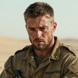 portrait of muscular, tired and alcoholic 3 0 - year - old handsome man with short darkblonde hair, serious sad look in his eyes, looking down, his best friend died few minutes ago, dirty beard, blue eyes, crying tears, wearing dirty soldier uniform, on the desert, sad atmosphere, hyper realistic face, beautiful eyes, character art, art by mark brooks, hyperdetailed, cryengine, trending on artstation, digital art