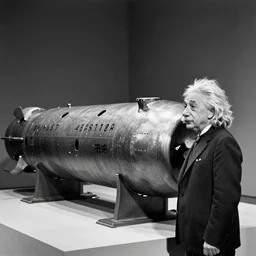 Albert Einstein inspecting the first atomic bomb prior to detonation. 1940's photograph