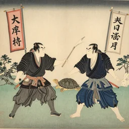 two samurai battle, each samurai wear different banner one with tortoise one with rabbit, woodblock painting, scroll painting, chinese brush painting, japanese wood block painting, old, fairy tale, legendary, museum collection, detailed, highly detail, famous japanese painter style, hokusai style, japan old art style, 8 k, uhd, hd, award winning, preservation - n 9
