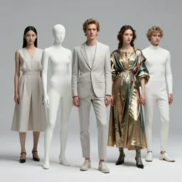 utopian transhumanist future, people wearing ai generated fashion, in a style of æon flux, peter chung, shepard fairey, botticelli, ivan bilibin, and john singer sargent, inspired by pre - raphaelite paintings, shoujo manga, and cool harajuku street fashion, ultra detailed, super ultra fine inking lines, ethereal and mystical