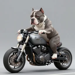 gray and white american bully riding a motorcycle