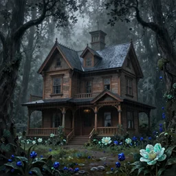 victorian house made of wood in a dark forest with obsidian trees and Opal flowers, jade, lapis, eerie, painting, trending on artstation, octane render, atmospheric lighting, misty, rain