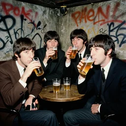 The four Beatles drink beer in a 1980s underground club, graffiti on the walls, photo by annie leibovitz, shot on a Mamiya RZ67, 4k