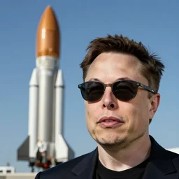 picture of elon musk wearing sunglasses and his spacex starship rocket in the background, good lighted photo, sharp details, detailed, hd, hdr
