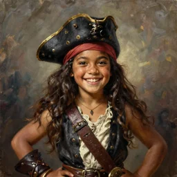 oil painting, smiling, happy, beautiful, intelligent, caribbean, fierce, powerful, tanned, female pirate captain 2 8 years old, flowing long hair, fully clothed, wise, beautiful, masterful 1 7 2 0 s oil painting, dramatic lighting, sharp focus