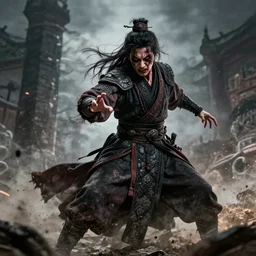 warrior fighting, ancient dress, scary, destructive