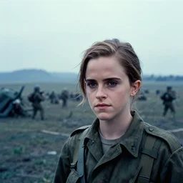 film still, far view, landscape, emma watson soldier portrait close up in foreground, battle of khe sanh, kodak ektachrome, blue tint expired film,