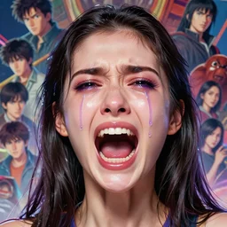 hologram woman with cute - fine - face, screaming in terror, purple tears running down face, pretty face, oil slick hair, realistic shaded perfect face, extremely fine details, by realistic shaded lighting, dynamic background, poster by ilya kuvshinov katsuhiro otomo, magali villeneuve, artgerm, jeremy lipkin and michael garmash and rob rey, pascal blanche, kan liu