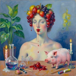portrait of a female humanoid, fresh fruit, squashed berries dripping, pig, scientific glassware, houseplant, art supplies, candles dripping wax, neoimpressionist, surrealism, acrylic and spray paint and oilstick on canvas
