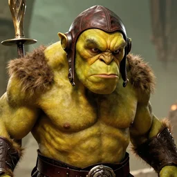 still from lord of the rings of a huge ogre, bald, yellow skin, portayed by elon musk, leather pilot cap, d & d, high fantasy, by donato giancola, facial detail, extremely detailed, comic book cover photo