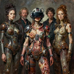 junky women posing, cybertronic gadgets and vr helmet, flesh + technology, durty colours, mid shot, rotten textures, rusty shapes, biotechnology, norman rockwell, tim hildebrandt, dariusz zawadzki, bruce pennington, larry elmore, oil on canvas, deep depth field, masterpiece, cinematic composition, hyper - detailed, hd, hdr