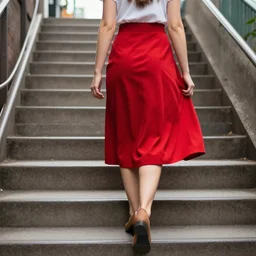girl walking up stairs in red skirt that is riding up, mbta commuter rail steps next to mass pike