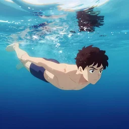 anime boy swimming underwater, digital art