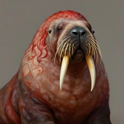 portrait of a young ruggedly handsome but joyful anthropomorphic walrus, male, masculine, upper body, red hair, long hair, d & d, fantasy, fierce, sharp features, intricate, elegant, highly detailed, digital painting, artstation, concept art, matte, sharp focus, illustration, art by artgerm and greg rutkowski and alphonse mucha