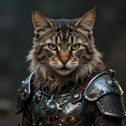 art by greg rutkowski, portrait of a humanoid feline, pointed ears, long hair, predatory look, feral but civilized, notorious fangs, wearing an futuristic gear that looks like a mix between viking, samurai and templar culture, sharp focus, cinematic lighting, artstation hq.