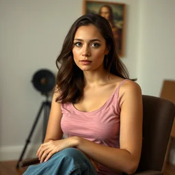 casual photograph of a woman sitting in a studio room pensively, with the poise and appearance of the ( ( ( ( ( ( ( ( mona lisa ) ) ) ) ) ) ) ), taken in 2 0 1 9 with a digital camera, full color, head shot