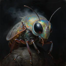 a neoclassicist close - up portrait of an insect entity with surrealist features. iridescent reflective alien technology. foggy black background. highly detailed science fiction painting by norman rockwell, frank frazetta, syd mead and moebius. rich colors, high contrast, gloomy atmosphere, dark background. trending on artstation.