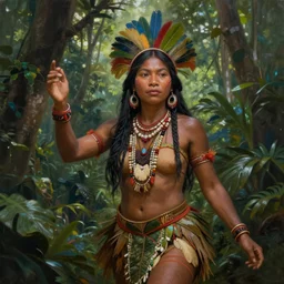 a beautiful painting of an indigenous woman celebrating in the jungle, fantasy art, matte painting, highly detailed, dramatic lighting, octane render