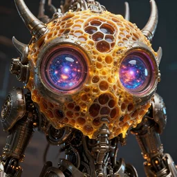 trapped technological deity with eyes made of interstellar stargates and molten honeycomb structure, intricate detail, royo, whealan, giger, hd, 8 k, octane render, unreal engine,