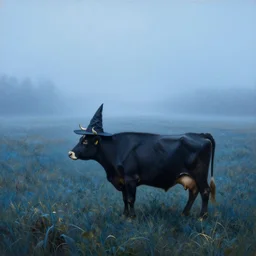a detailed matte landscape painting of a cow standing in a grassy field wearing a witch hat, cow wearing hat!!! viewed in profile and far away, fog in the background, ultrawide lens, aerial photography, black and blue color scheme with gold highlights, art by greg rutkowski and alphonse mucha, artstation, 8 k