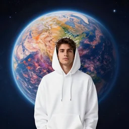 guy with white hoodie on a beautiful planet colorful and full of life