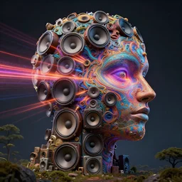 highly detailed surreal surreal vfx portrait of a landscape of recursive speakers forming a 3 d head. polyphonic ecstacy, vibrant vibrations, pulse projections, sonic love power, ornate, hyperrealistic, octane render, chiaroscuro, inspired by alan lee, android jones, beeple, rhads, shaun tan, frostbite 3 rendered