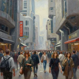 a photograph of a large! crowd! of people! walking down the street of a futuristic city, brutalist style architecture, straight edges, shop signs, finely detailed oil painting, impasto brush strokes, soft light, 8 k, dramatic composition, dramatic lighting, sharp focus, octane render, masterpiece, by adrian ghenie and jenny saville and zhang jingna