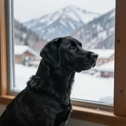 A black Labrador looking outside of a window unto the snowed-in mountains, XF IQ4, 150MP, 50mm, F1.4, ISO 200, 1/160s, natural light