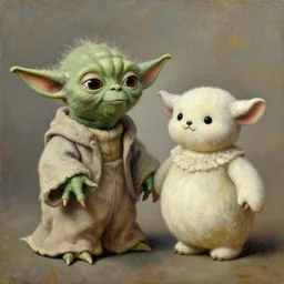 old oil painting of yoda and cheburashka holding hands, trending on artstation
