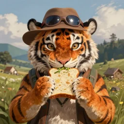 a portrait an anthropomorphic explorer tiger eating a sandwich, landscape in background, cute and adorable, dnd character art portrait, well rendered matte fantasy painting, deviantart artstation, by jason felix by steve argyle by tyler jacobson by peter mohrbacher, cinematic lighting