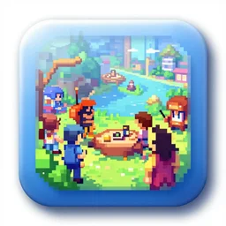 square with round beveled edges. glossy. digital art. character, scene, situation, setting. homescreen app icon. pixel - art iphone android phone app icon. designed by the artists at sega, nintendo, namco, capcom, sony, xbox, microsoft, apple, google play store.