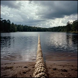 centered photograph of a single line of thick infinitely long rope floating on the surface stretching out to the center of the lake, a dark lake sandy shore on a cloudy day, color film, trees in the background, hyper - detailed kodak color film photo, anamorphic lens