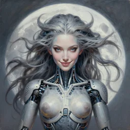 perfectly centered portrait front view of a beautiful biomechanical moon goddess, flowing hair, intense stare, sweet sarcastic smile, symmetrical, concept art, intricate detail, volumetric shadows and lighting, realistic oil painting by alex grey,