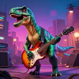 denver the last dinosaur, playing electric guitar, synthwave