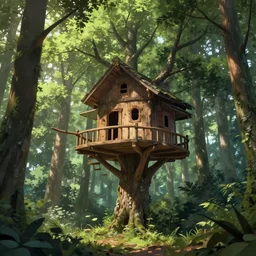 a tree house in the middle of a forest, a detailed matte painting by chris labrooy, cgsociety, fantasy art, artstation hq, physically based rendering, anime aesthetic