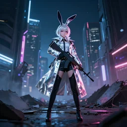 anime girl with bunny ears wearing a long reflective coat holding a rifle standing in a futuristic ruined city at night , Award winning Photograph, In the style of Arknights, gaussian blur, 48mm lense, long exposure , wide angle, neon lighting, rim light— h 1080 —w 1920