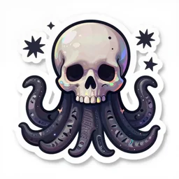 sticker of a cute Cthulhu . die cut . Holographic . iridescent . skull . darkart . cute . trending on artstation