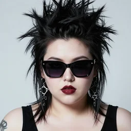 realistic high key portrait photo of a beautiful chubby pale goth girl with asymmetrical punk rock hair and badass euro design sunglasses hiding a secret. half portrait by stanley artgerm, dramatic lighting, by nagel, shin jeongho, nick silva and ilya kuvshinov, deviantart, detailed character design, 8 k resolution