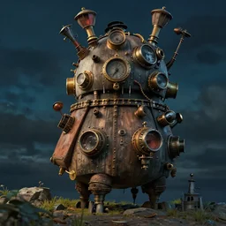 a hyper detailed hyper realistic 3 - d rendering of steampunk howls moving castle, at night, studio ghibli, octane render, 8 k, dramatic lighting