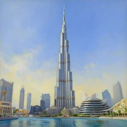 The Burj Khalifa, Dubai, oil painting in the style of Bob Ross, high detail